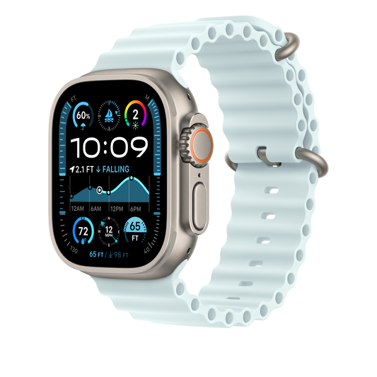 Apple Watch 44/45/46/49mm ledově modrý Oceánský řemínek – provedení z přírodního titanu - iSTYLE CZ