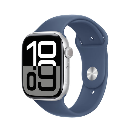 Apple Watch Series 10 GPS 46mm stříbné hliníkové pouzdro s denimovým sportovním řemínkem - M/L - iSTYLE CZ