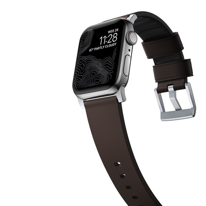 Řemínek pro Apple Watch 42/44/45/49 mm Nomad Active Strap Pro - hnědý se stříbrnou přezkou - iSTYLE CZ