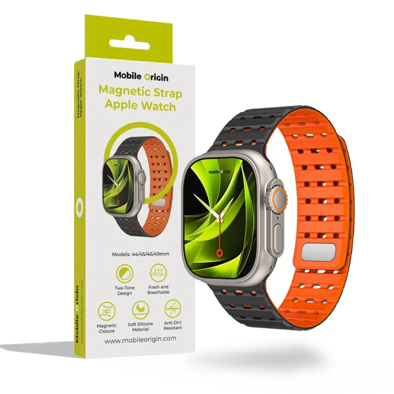 Řemínek pro Apple Watch 44/45/46/49 mm Mobile Origin Elegant Strap s magnetickým zapínáním – černo-oranžový
