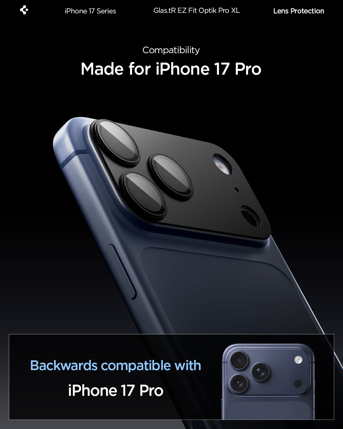Sklo na fotoaparát pro iPhone 17 Pro Spigen Glass tR EZ Fit Optik Pro XL - černé