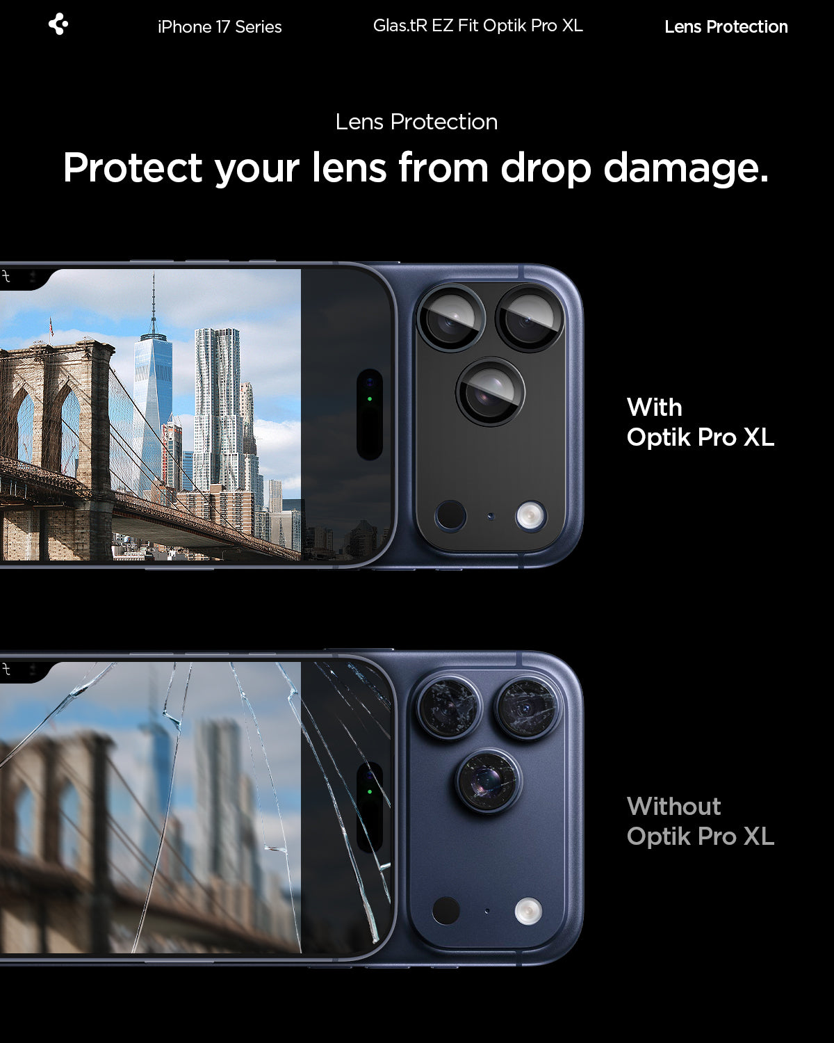 Sklo na fotoaparát pro iPhone 17 Pro Spigen Glass tR EZ Fit Optik Pro XL - černé