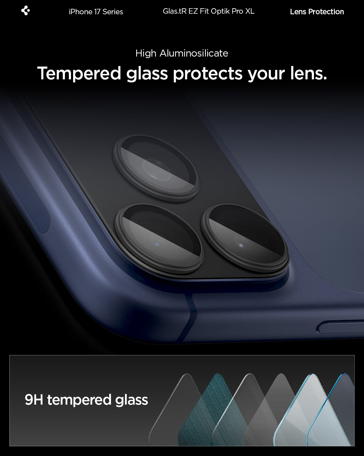 Sklo na fotoaparát pro iPhone 17 Pro Spigen Glass tR EZ Fit Optik Pro XL - černé