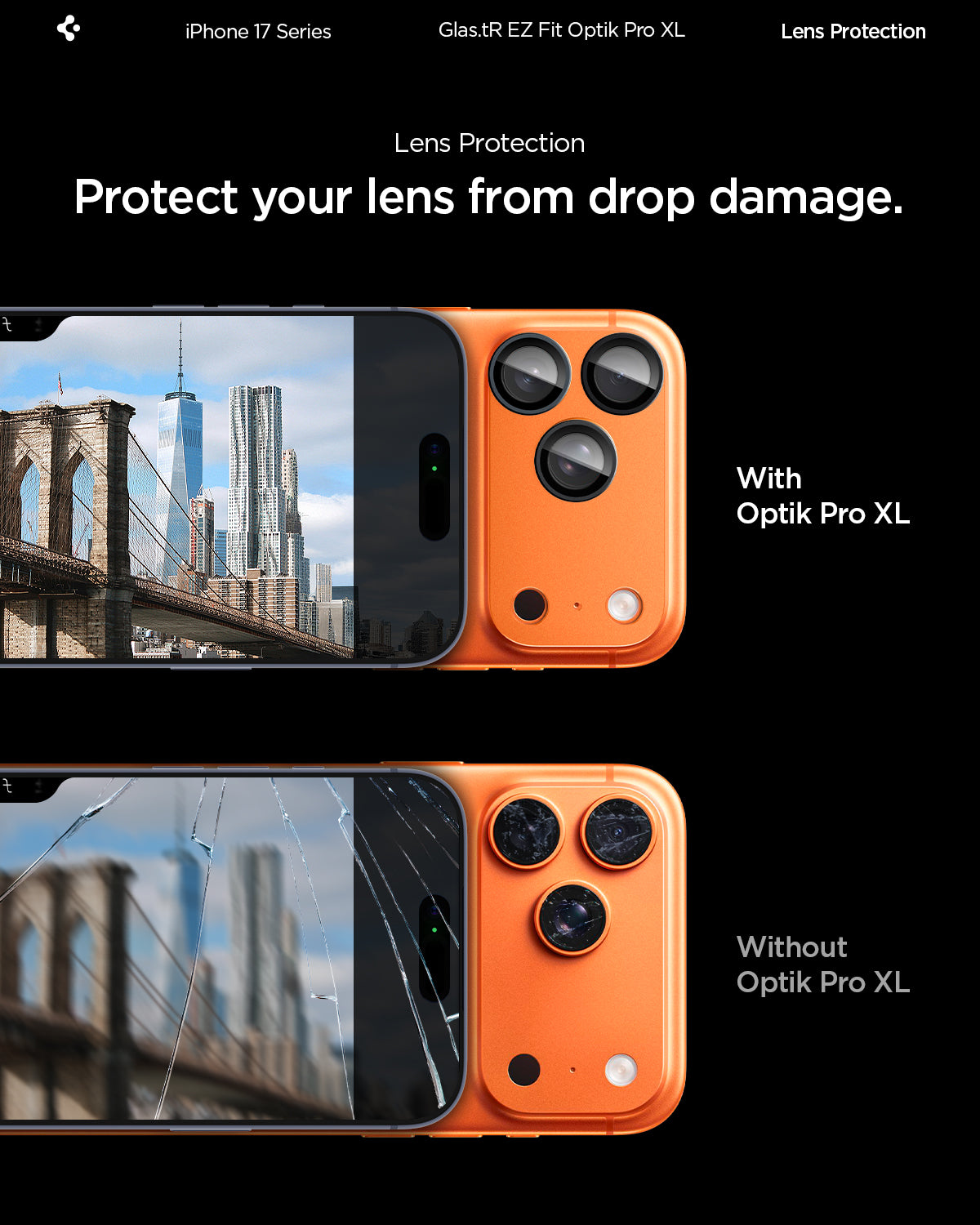 Sklo na fotoaparát pro iPhone 17 Pro Max Spigen Glass tR EZ Fit Optik Pro XL - oranžové
