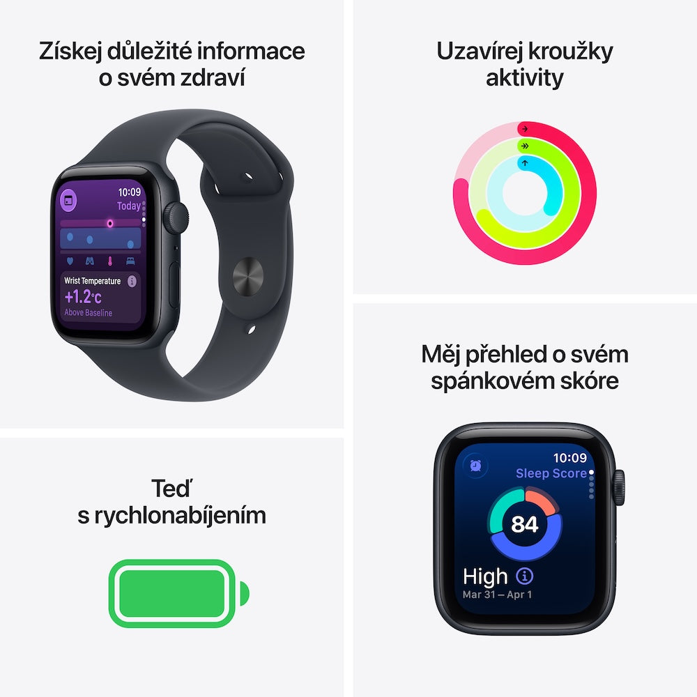 Apple Watch SE 3 GPS 40mm temně inkoustové hliníkové pouzdro s temně inkoustovým sportovním řemínkem - S/M (otevřený) - iSTYLE.cz
