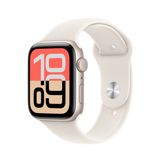 Apple Watch SE 3 GPS 44mm hvězdně bílé hliníkové pouzdro s hvězdně bílým sportovním řemínkem - M/L (otevřený) - iSTYLE.cz