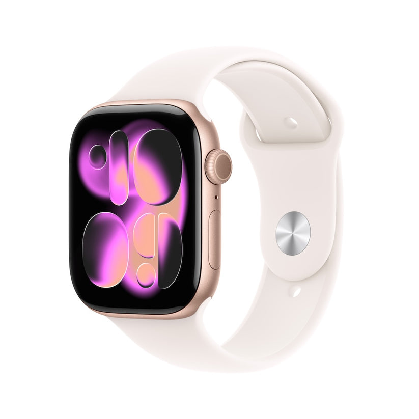 Apple Watch Series 11 GPS 42mm růžově zlaté hliníkové pouzdro se světle ruměným sportovním řemínkem - S/M (otevřený) - iSTYLE.cz