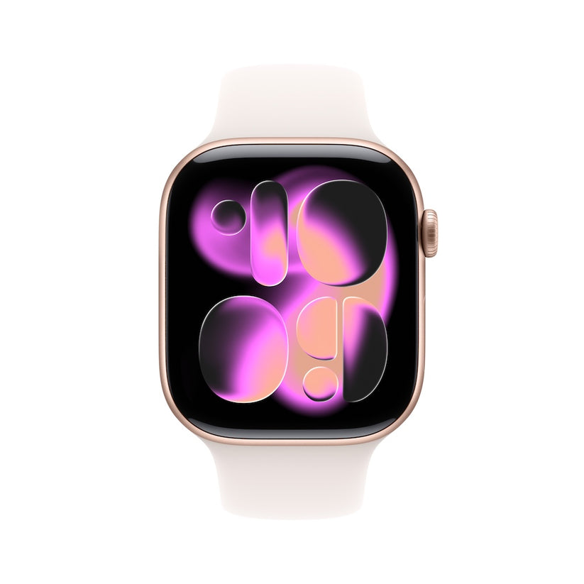 Apple Watch Series 11 GPS 42mm růžově zlaté hliníkové pouzdro se světle ruměným sportovním řemínkem - S/M (otevřený) - iSTYLE.cz