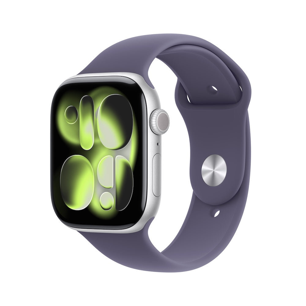 Apple Watch Series 11 GPS 42mm stříbrné hliníkové pouzdro s mlžně fialovým sportovním řemínkem - M/L (otevřený) - iSTYLE.cz
