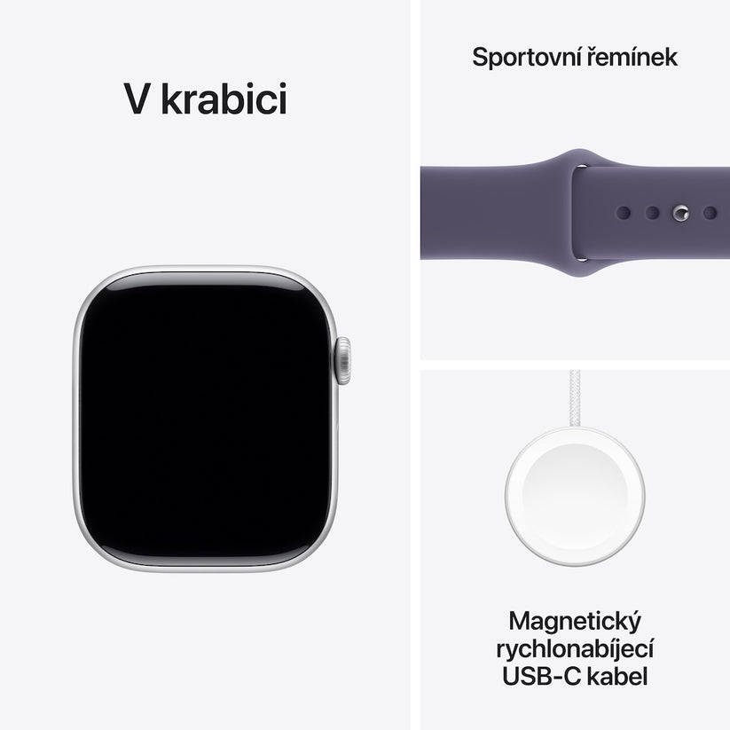 Apple Watch Series 11 GPS 42mm stříbrné hliníkové pouzdro s mlžně fialovým sportovním řemínkem - M/L (otevřený) - iSTYLE.cz