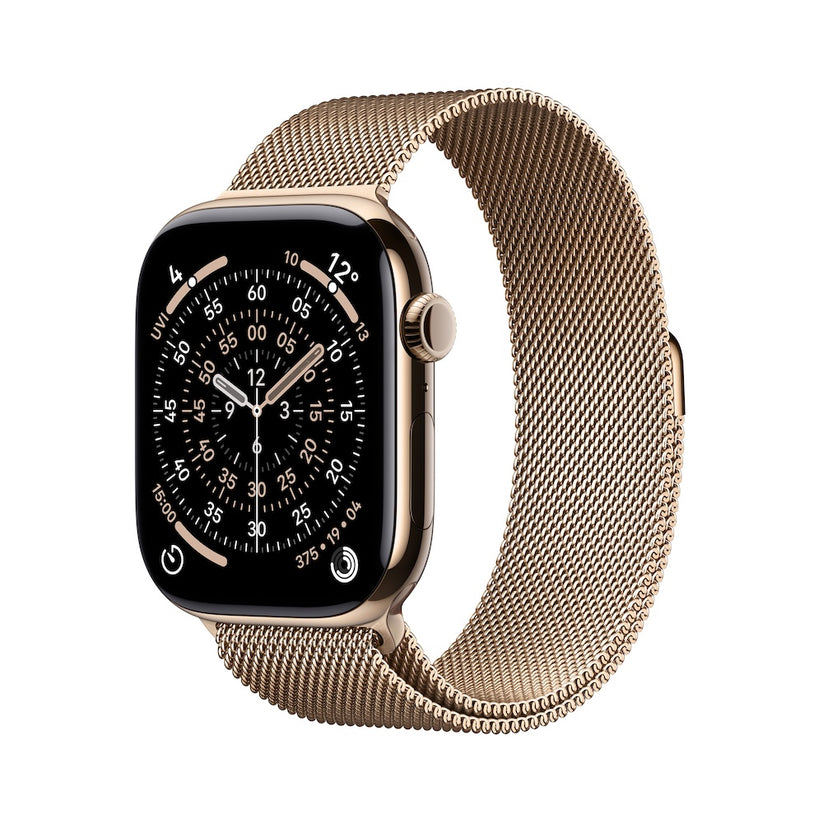 Apple Watch Series 11 GPS + Cellular 42mm zlaté titanové pouzdro se zlatým milánským tahem (otevřený) - iSTYLE.cz
