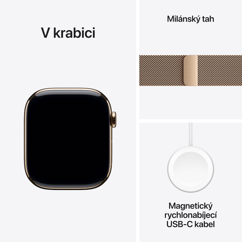 Apple Watch Series 11 GPS + Cellular 46mm zlaté titanové pouzdro se zlatým milánským tahem - S/M (otevřený) - iSTYLE.cz