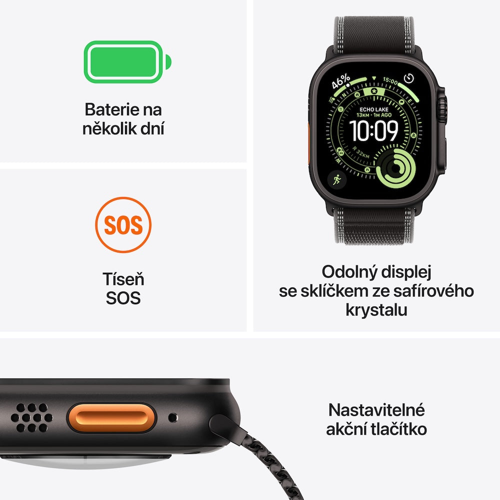 Apple Watch Ultra 3 GPS + Cellular 49mm černě titanové pouzdro s černě/ulovým trailovým tahem - M/L (otevřený) - iSTYLE.cz
