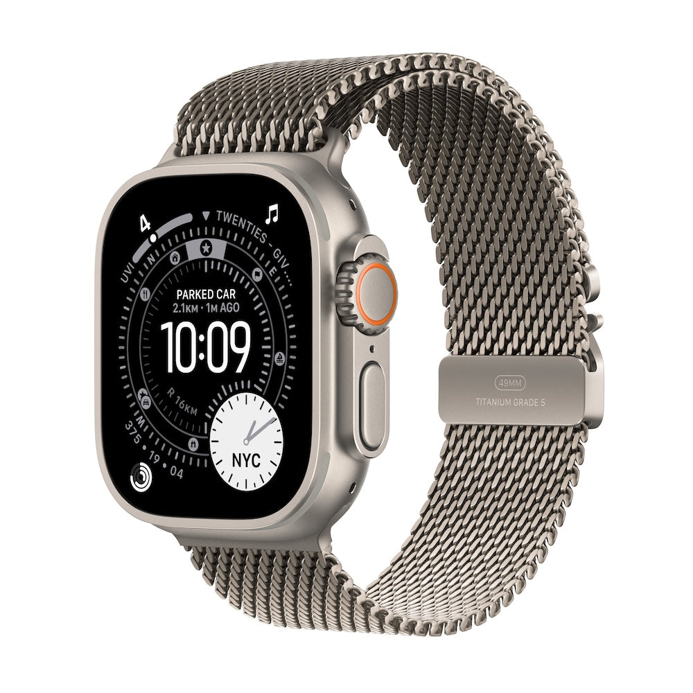 Apple Watch Ultra 3 GPS + Cellular 49mm přírodně titanové pouzdro s přírodně titanovým milánským tahem z titanu - S (otevřený) - iSTYLE.cz