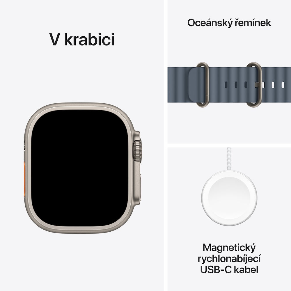 Apple Watch Ultra 3 GPS + Cellular 49mm přírodně titanové pouzdro s ocelově modrým oceánským řemínkem (otevřený) - iSTYLE.cz