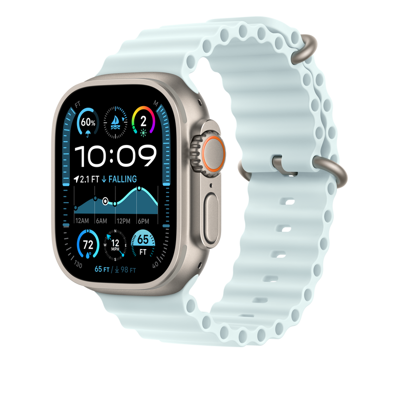 Apple Watch 44/45/46/49mm ledově modré prodloužení Oceánského řemínku – provedení z přírodního titanu - iSTYLE CZ