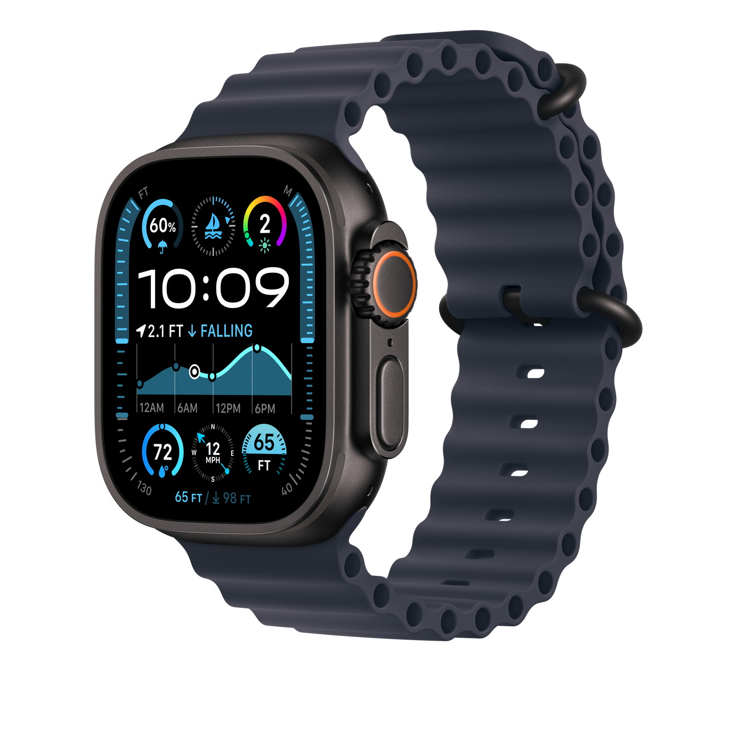 Apple Watch 44/45/46/49mm námořnicky modrý Oceánský řemínek – provedení z černého titanu - iSTYLE CZ