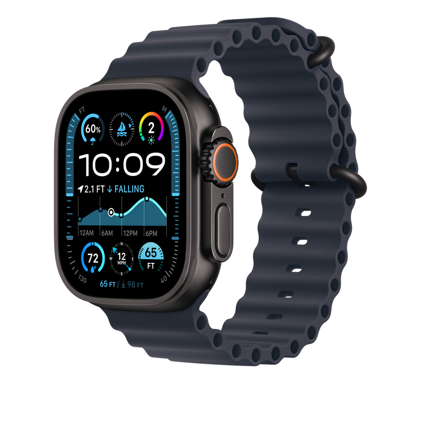 Apple Watch 44/45/46/49mm námořnicky modrý Oceánský řemínek – provedení z černého titanu - iSTYLE CZ
