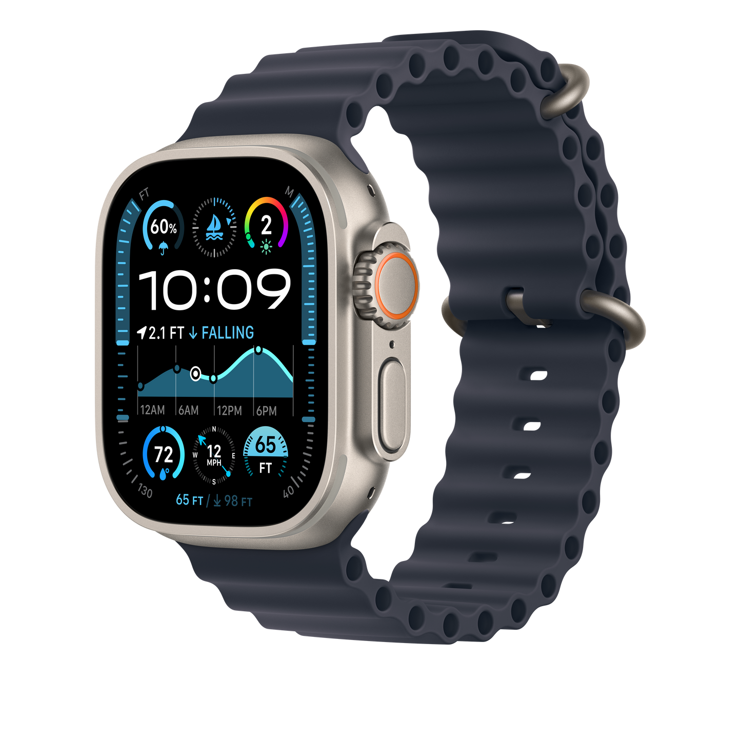 Apple Watch 44/45/46/49mm námořnicky modrý Oceánský řemínek – provedení z přírodního titanu - iSTYLE CZ