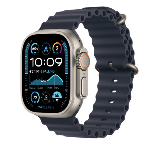 Apple Watch 44/45/46/49mm námořnicky modrý Oceánský řemínek – provedení z přírodního titanu - iSTYLE CZ