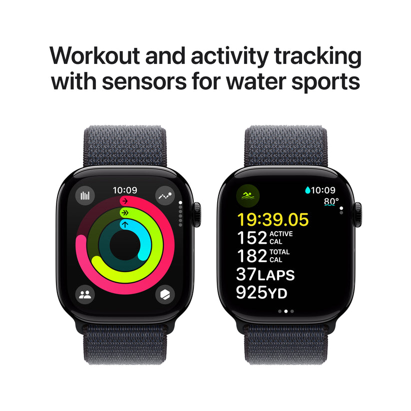 Apple Watch Series 10 GPS 46mm klavírně černé hliníkové pouzdro s inkoustově fialovým sportovním provlékacím řemínkem (otevřený) - iSTYLE CZ