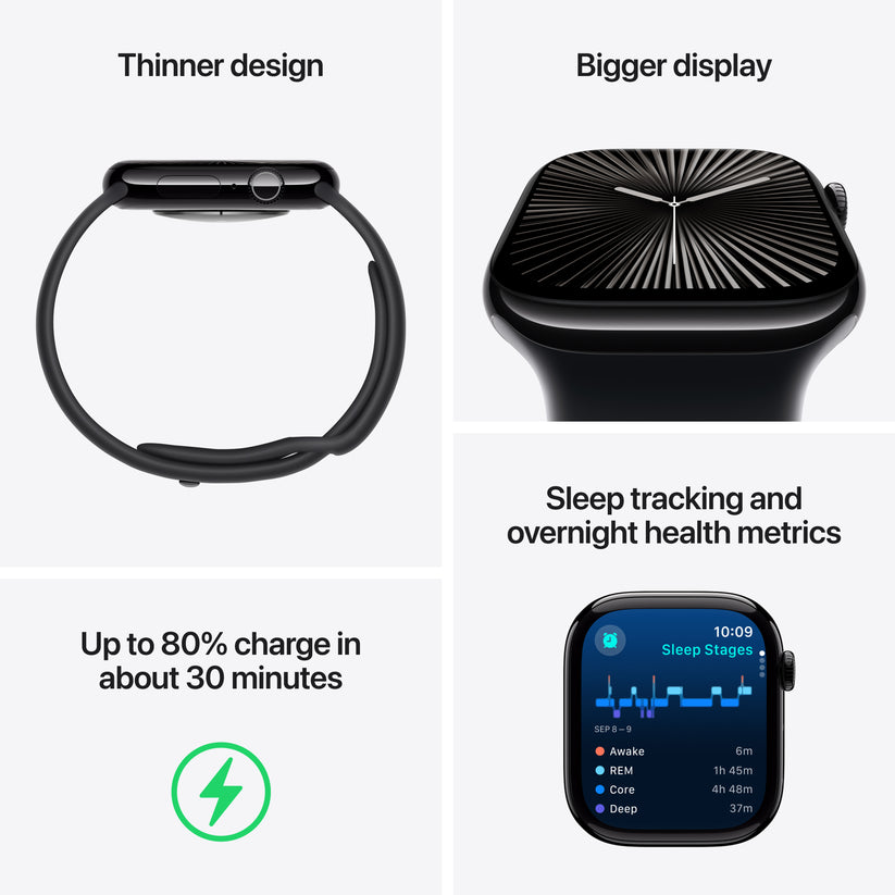 Apple Watch Series 10 GPS + Cellular 46mm klavírně černé hliníkové pouzdro s černým sportovním řemínkem - S/M (renovovaný) - iSTYLE.cz