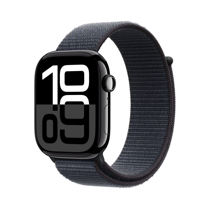 Apple Watch Series 10 GPS 46mm klavírně černé hliníkové pouzdro s inkoustově fialovým sportovním provlékacím řemínkem (otevřený) - iSTYLE CZ