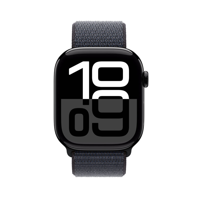 Apple Watch Series 10 GPS 46mm klavírně černé hliníkové pouzdro s inkoustově fialovým sportovním provlékacím řemínkem (otevřený) - iSTYLE CZ