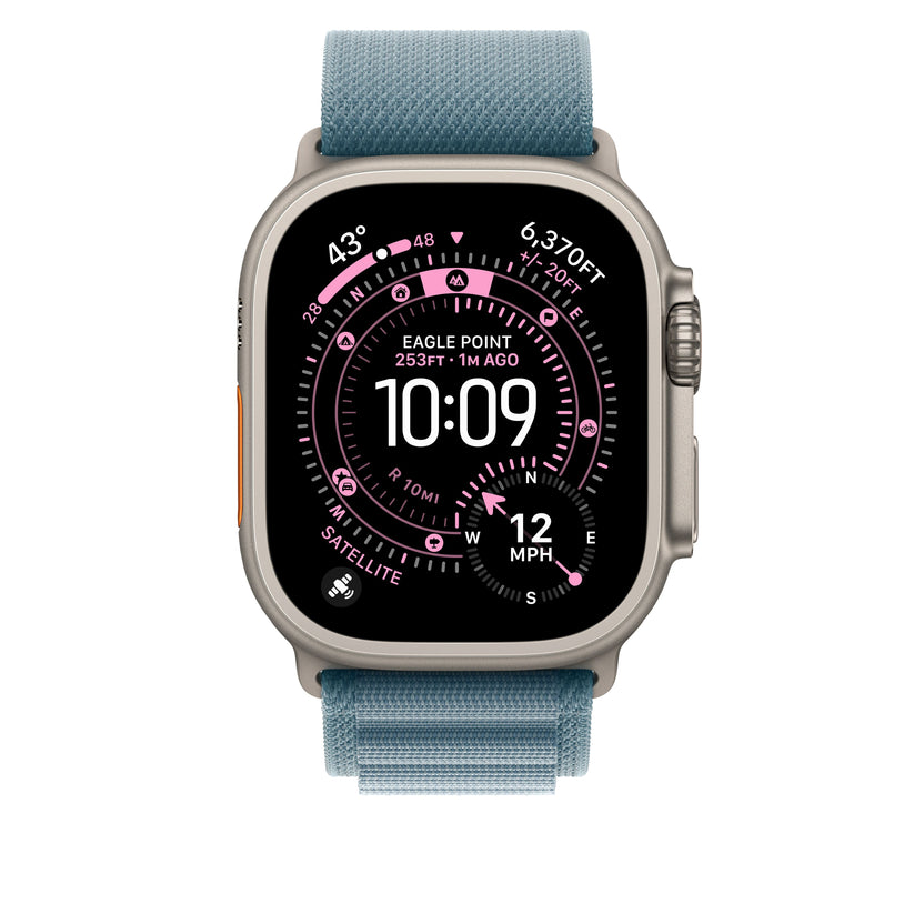 Řemínek pro Apple Watch 44/45/46/49 mm Apple světle modrý Alpský tah - velký - provedení z přírodního titanu - iSTYLE CZ
