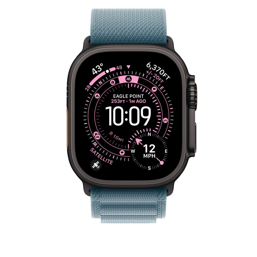 Řemínek pro Apple Watch 44/45/46/49 mm Apple světle modrý Alpský tah - malý - provedení z černého titanu - iSTYLE CZ
