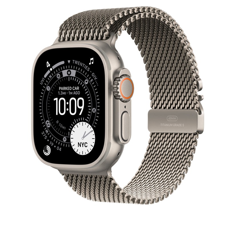 Řemínek pro Apple Watch 44/45/46/49 mm Apple milánský tah z přírodního titanu - střední - iSTYLE CZ