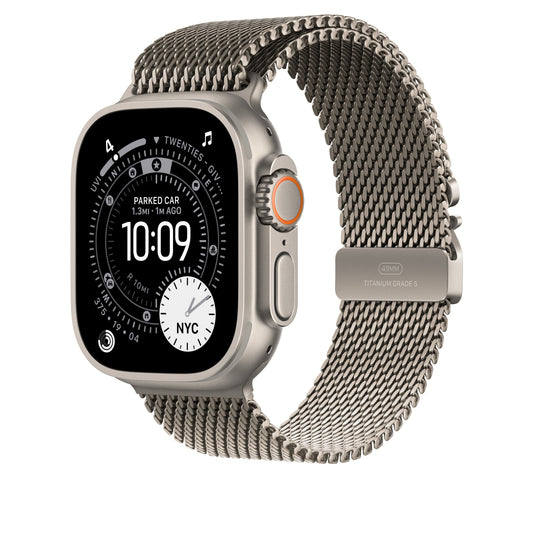 Řemínek pro Apple Watch 44/45/46/49 mm Apple milánský tah z přírodního titanu - střední - iSTYLE CZ