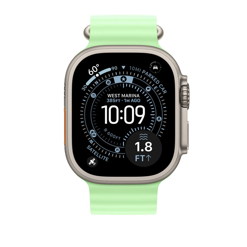 Řemínek pro Apple Watch 44/45/46/49 mm Apple neonově zelený Oceánský - provedení z přírodního titanu - iSTYLE CZ