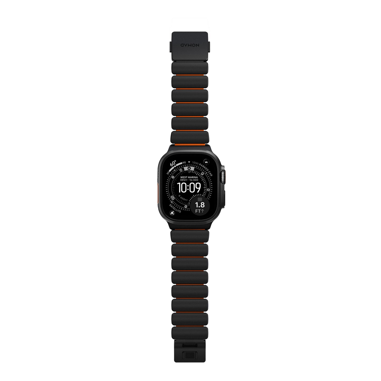 Řemínek pro Apple Watch 45/46/49mm Nomad Stratos Band Black Titanium Ultra FKM - černý/oranžový