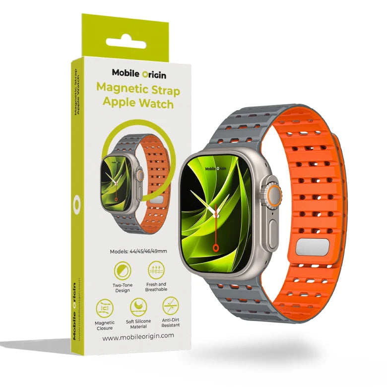 Řemínek pro Apple Watch 44/45/46/49 mm Mobile Origin Elegant Strap s magnetickým zapínáním – šedě-oranžový