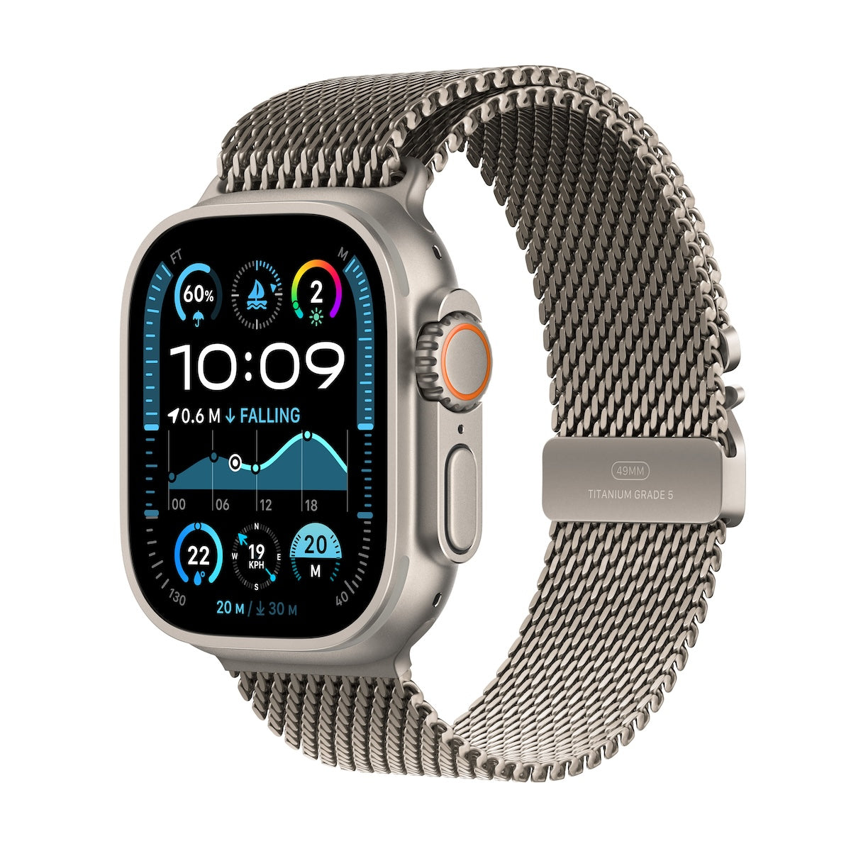 Apple Watch Ultra 2 GPS + Cellular, 49mm přírodně titanové pouzdro s přírodně titanovým milánským tahem z titanu - S (otevřený)