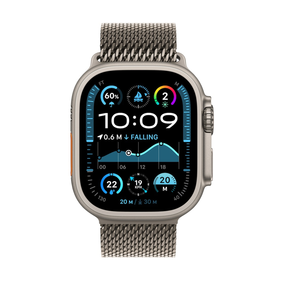 Apple Watch Ultra 2 GPS + Cellular, 49mm přírodně titanové pouzdro s přírodně titanovým milánským tahem z titanu - S (otevřený)