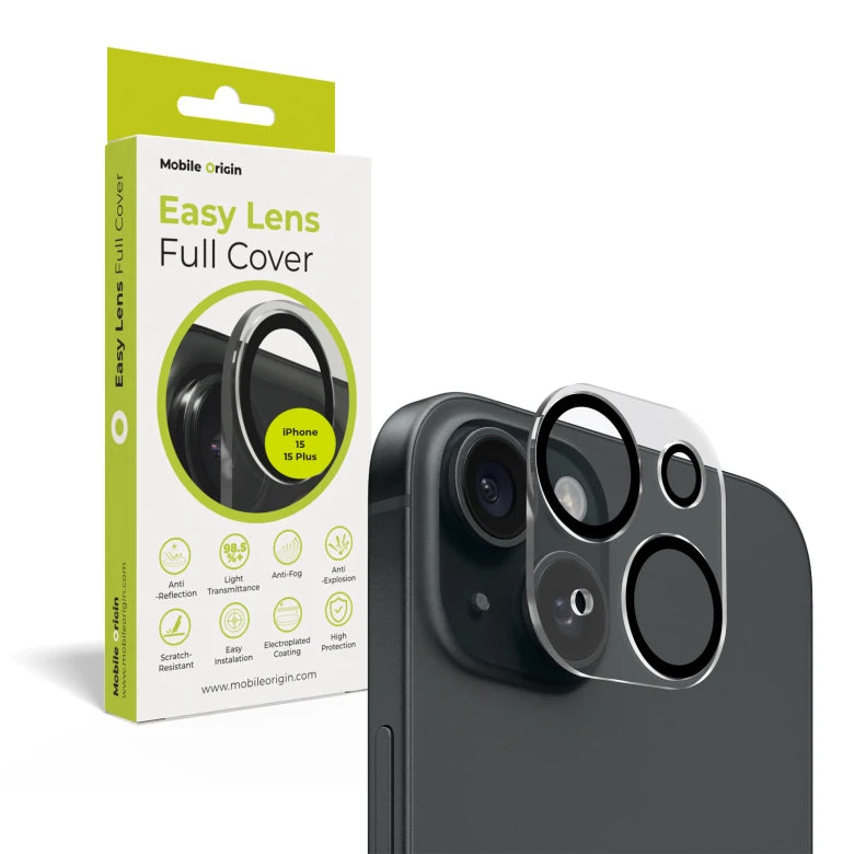 Sklo na fotoaparát pro iPhone 15 / 15 Plus Mobile Origin Easy Lens Full Cover - průhledné