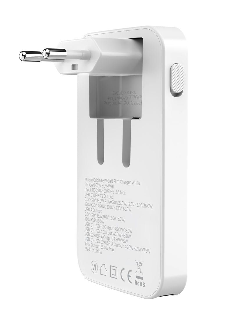 Mobile Origin 65W GaN III Slim Charger dual USB-C, Single USB-A white