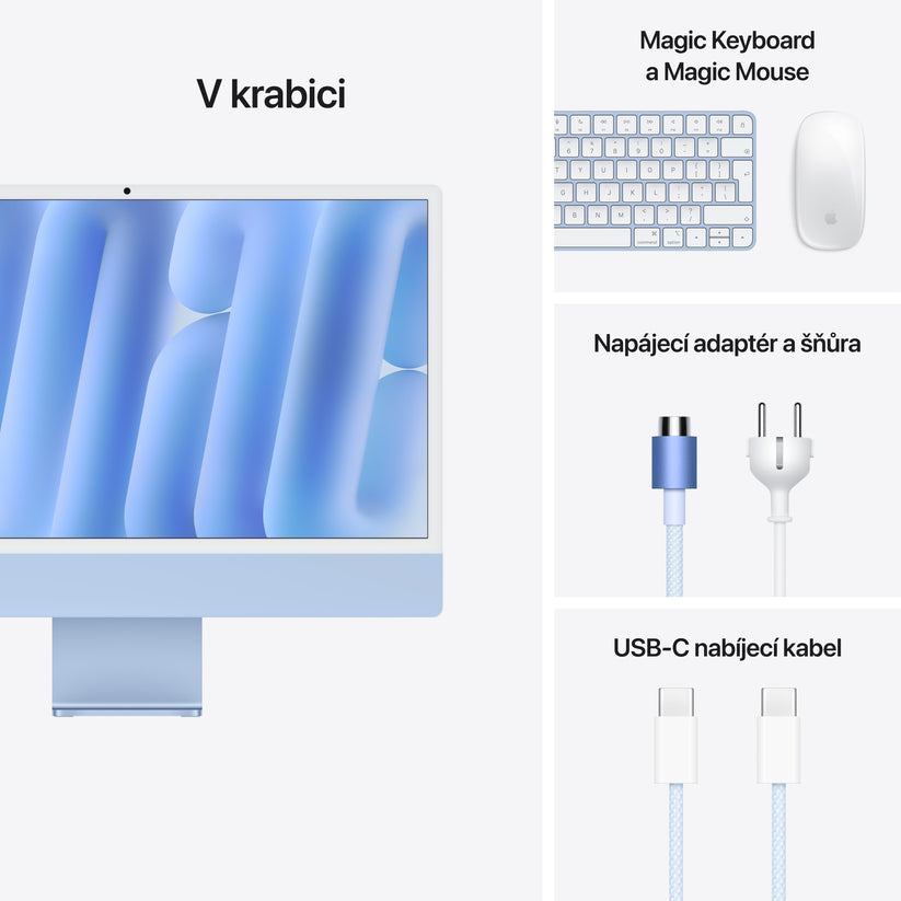 iMac 24“ 4.5K displej, Apple M4 8jádrové CPU, 8jádrové GPU, 16GB, 256GB SSD, CZ - modrý