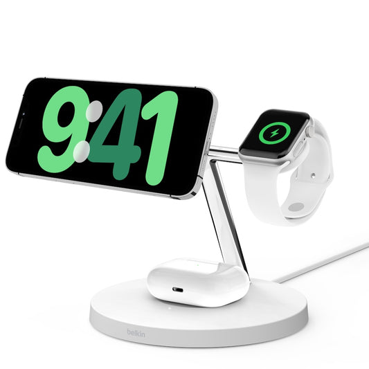 Bezdrátový nabíjecí stojan Belkin BoostCharge Pro 3v1 s Qi2 - bílý - iSTYLE CZ